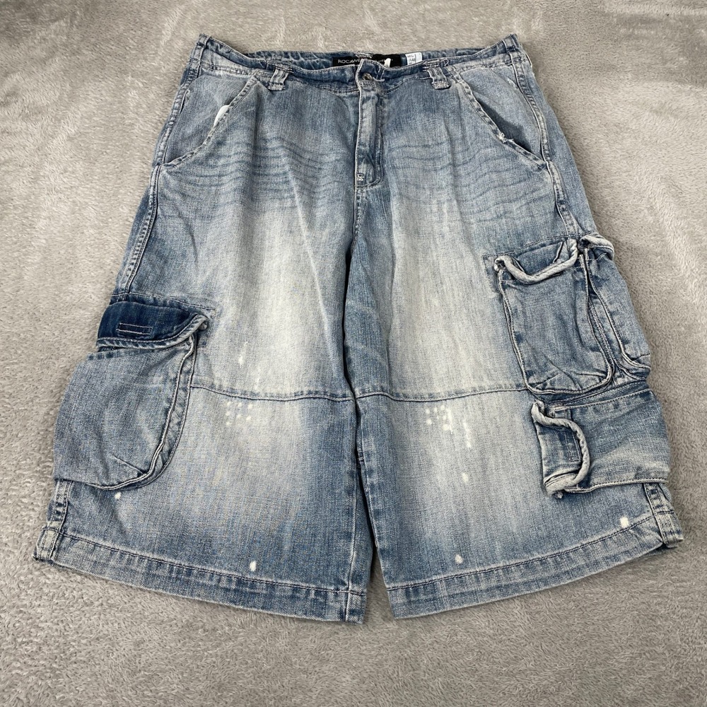 Rocawear Denim Cargo Shorts Mens 36 Blue Baggy Y2K Hip Hop Jorts Streetwear